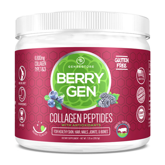 Unlock youthful beauty with Berry Gen Restore, a natural supplement with hydrolyzed collagen and antioxidants from berries.