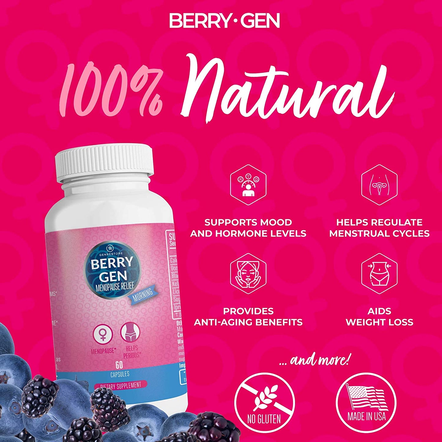 Berry Gen Menopause Morning is a natural supplement designed to reduce daytime symptoms of menopause.
