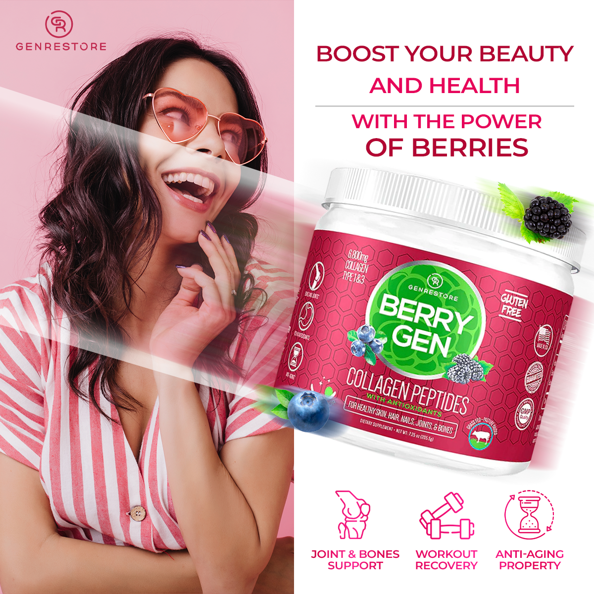 Unlock youthful beauty with Berry Gen Restore, a natural supplement with hydrolyzed collagen and antioxidants from berries.