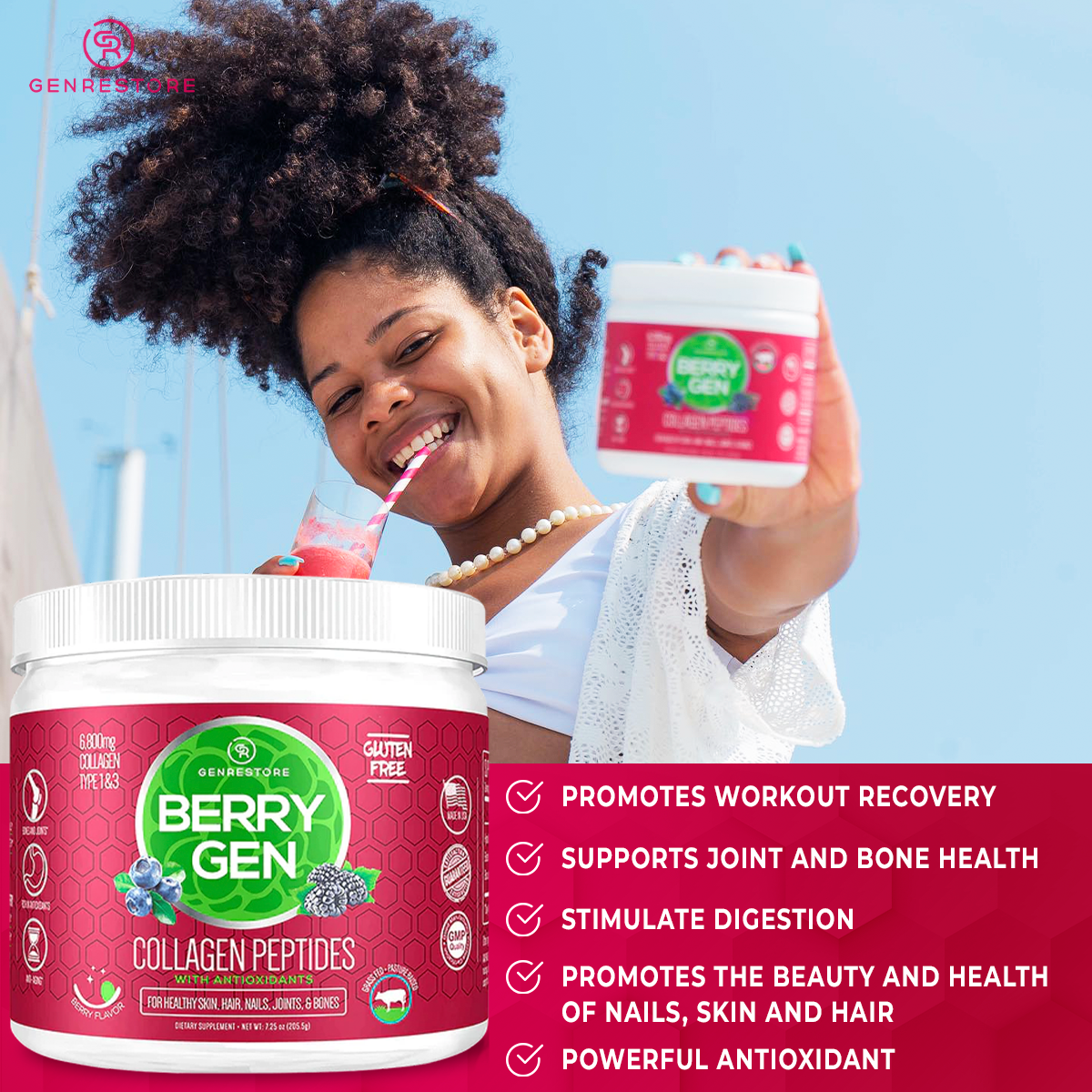 Unlock youthful beauty with Berry Gen Restore, a natural supplement with hydrolyzed collagen and antioxidants from berries.