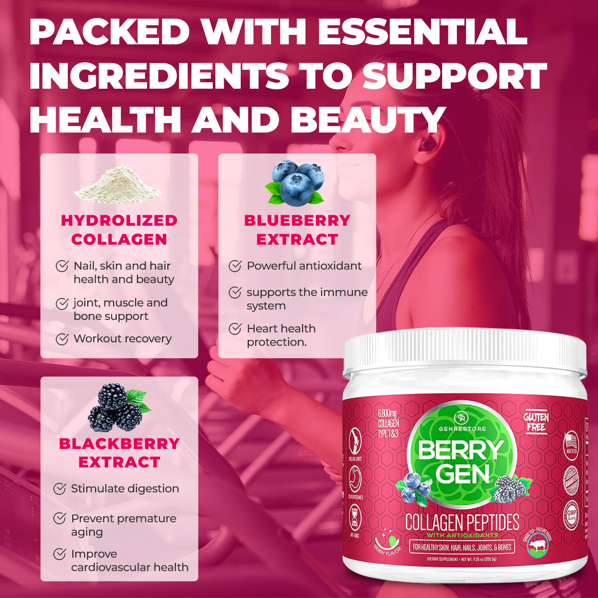 Unlock youthful beauty with Berry Gen Restore, a natural supplement with hydrolyzed collagen and antioxidants from berries. 